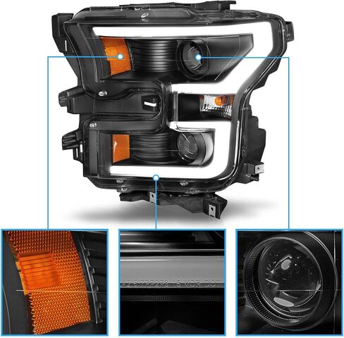 AmeriLite for 2015-2017 Ford F150 Pickup [Halogen Type] Dual LED Bar Projector Black Replacement Headlight Set - Driver and Passenger Side in Saudi Arabia
