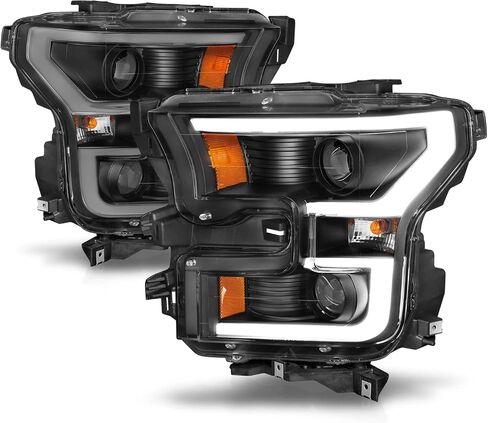 AmeriLite for 2015-2017 Ford F150 Pickup [Halogen Type] Dual LED Bar Projector Black Replacement Headlight Set - Driver and Passenger Side in Saudi Arabia