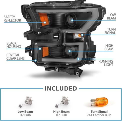AmeriLite for 2015-2017 Ford F150 Pickup [Halogen Type] Dual LED Bar Projector Black Replacement Headlight Set - Driver and Passenger Side in Saudi Arabia