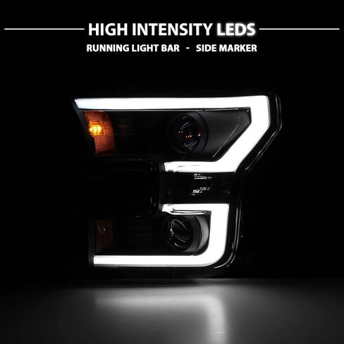 AmeriLite for 2015-2017 Ford F150 Pickup [Halogen Type] Dual LED Bar Projector Black Replacement Headlight Set - Driver and Passenger Side in Saudi Arabia