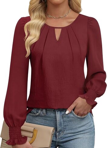 Womens Long Sleeve Tops Dressy Casual Keyhole Blouses Pleated Tops 2025 Trendy Basic Work Shirts in Saudi Arabia