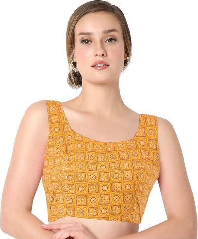 Chandrakala Cotton Printed Blouses for Women Sarees, Sleeveless Ajrakh Print Crop top Choli (B224-P) in Saudi Arabia