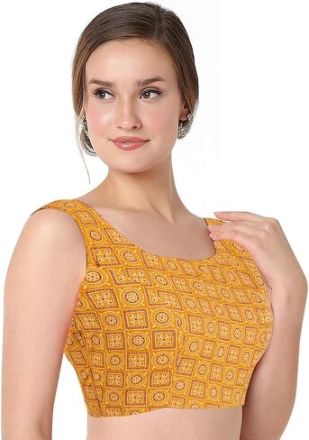 Chandrakala Cotton Printed Blouses for Women Sarees, Sleeveless Ajrakh Print Crop top Choli (B224-P) in Saudi Arabia