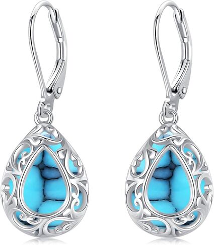 Filigree/Hibiscus/Plumeria Flower Leverback Earrings Moonstone/Lapis Lazuli/Turquoise/Moss Agate/Black Onyx Jewelry for Women 925 Sterling Silver Dangle Drop Earrings Filigree Gifts for Wife in Saudi Arabia