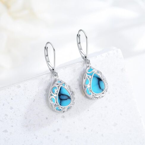 Filigree/Hibiscus/Plumeria Flower Leverback Earrings Moonstone/Lapis Lazuli/Turquoise/Moss Agate/Black Onyx Jewelry for Women 925 Sterling Silver Dangle Drop Earrings Filigree Gifts for Wife in Saudi Arabia