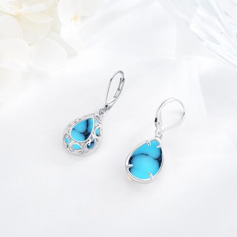 Filigree/Hibiscus/Plumeria Flower Leverback Earrings Moonstone/Lapis Lazuli/Turquoise/Moss Agate/Black Onyx Jewelry for Women 925 Sterling Silver Dangle Drop Earrings Filigree Gifts for Wife in Saudi Arabia
