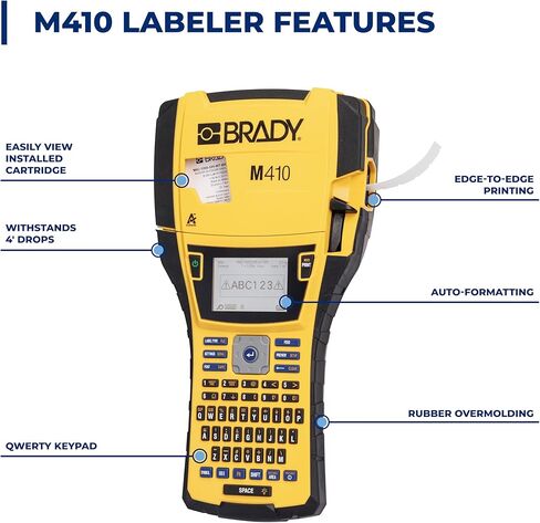 Brady M410 طابعة ملصقات صناعية محمولة باليد، ملصقات عريضة 1 بوصة، طباعة حرارية بلون واحد، لـ DataCom، والكهرباء، والمختبر، أصفر/أسود، 11.5 بوصة ارتفاع × 6 بوصة عرض × 3.5 بوصة عمق in Saudi Arabia