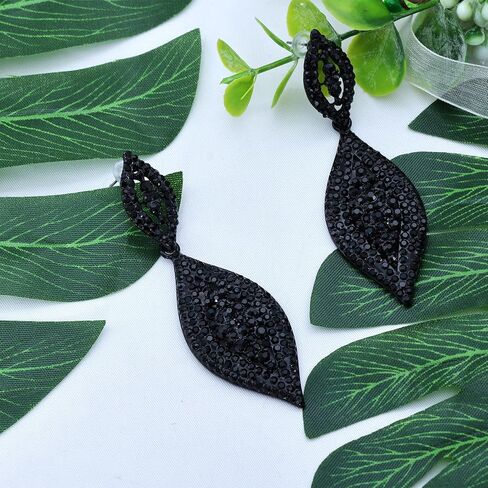 Black Rhinestone Earrings Dangling Cystal Wedding Prom Earrings Party Accessories Leaf Drop Dangle Chandelier Earrings for Women in Kuwait