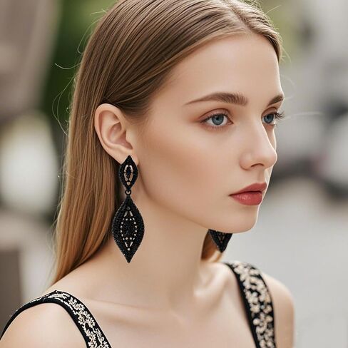 Black Rhinestone Earrings Dangling Cystal Wedding Prom Earrings Party Accessories Leaf Drop Dangle Chandelier Earrings for Women in Kuwait