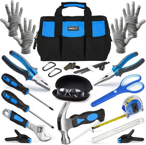 INCLY 24 PCS Kids Real Tool Set with Tool Bag, Boys Small Real Hand Tools Kit, Children Construction Learning Tools Hammer Screwdriver for Home DIY Building and Woodworking in Saudi Arabia
