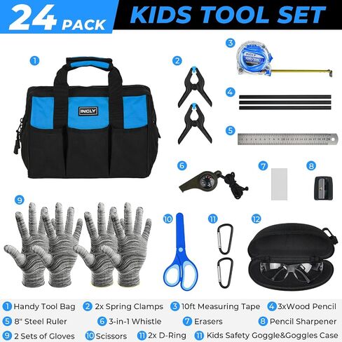 INCLY 24 PCS Kids Real Tool Set with Tool Bag, Boys Small Real Hand Tools Kit, Children Construction Learning Tools Hammer Screwdriver for Home DIY Building and Woodworking in Saudi Arabia