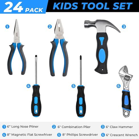 INCLY 24 PCS Kids Real Tool Set with Tool Bag, Boys Small Real Hand Tools Kit, Children Construction Learning Tools Hammer Screwdriver for Home DIY Building and Woodworking in Saudi Arabia