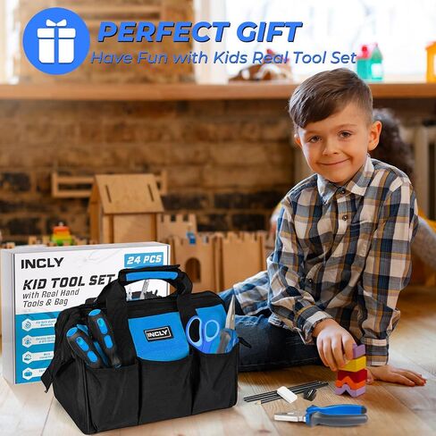 INCLY 24 PCS Kids Real Tool Set with Tool Bag, Boys Small Real Hand Tools Kit, Children Construction Learning Tools Hammer Screwdriver for Home DIY Building and Woodworking in Saudi Arabia