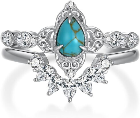 Genuine Turquoise Wedding Ring Set for Women 925 Sterling Silver Engagement Ring Sets Wedding Ring Set Real Turquoise Jewelry for Women in Kuwait