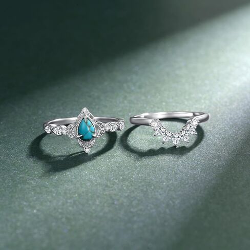 Genuine Turquoise Wedding Ring Set for Women 925 Sterling Silver Engagement Ring Sets Wedding Ring Set Real Turquoise Jewelry for Women in Kuwait