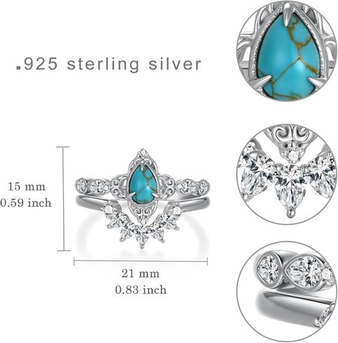 Genuine Turquoise Wedding Ring Set for Women 925 Sterling Silver Engagement Ring Sets Wedding Ring Set Real Turquoise Jewelry for Women in Kuwait