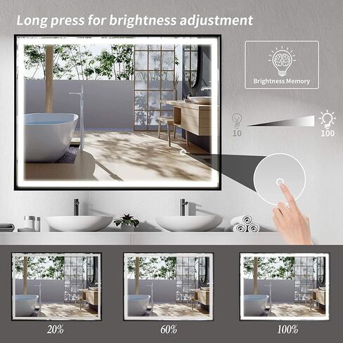 24"x 40" LED Bathroom Mirror with Black Frame, Stepless Dimmable, Anti-Fog, Shatter-Proof, Memory, 3 Colors, LED Vanity Mirror in Kuwait