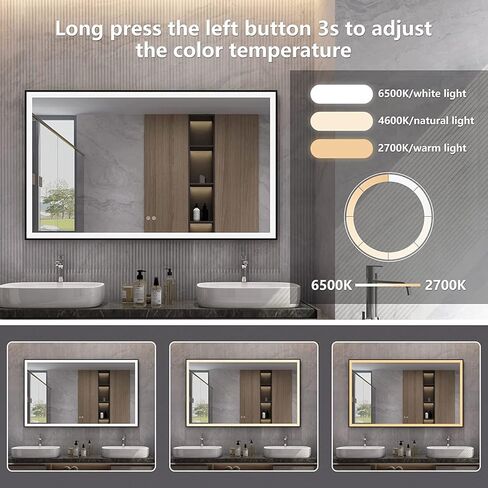 24"x 40" LED Bathroom Mirror with Black Frame, Stepless Dimmable, Anti-Fog, Shatter-Proof, Memory, 3 Colors, LED Vanity Mirror in Kuwait