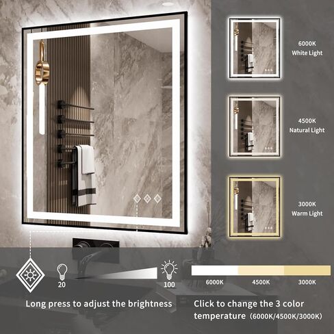 24"x 40" LED Bathroom Mirror with Black Frame, Stepless Dimmable, Anti-Fog, Shatter-Proof, Memory, 3 Colors, LED Vanity Mirror in Kuwait