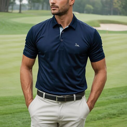 Iron & Green Men’s Performance Polo – Navy with Light‑Blue Trim, Moisture‑Wicking, Wrinkle‑Resistant, Shrink‑Free & UPF 50+ in Saudi Arabia
