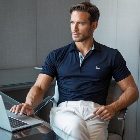 Iron & Green Men’s Performance Polo – Navy with Light‑Blue Trim, Moisture‑Wicking, Wrinkle‑Resistant, Shrink‑Free & UPF 50+ in Saudi Arabia