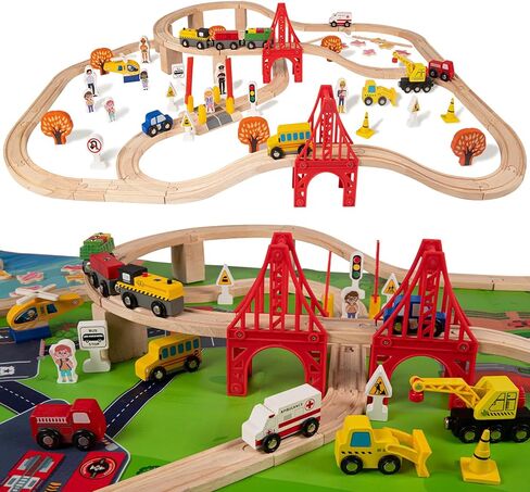 100 PCS مجموعة مسار قطار خشبية ، ألعاب Toys Train Railway مركبات السكك الحديدية لمدة 3-10 سنوات من الأطفال الأولاد والبنات ، تلائم مع Thomas و Brio و Ikea و Melissa و Doug in Kuwait
