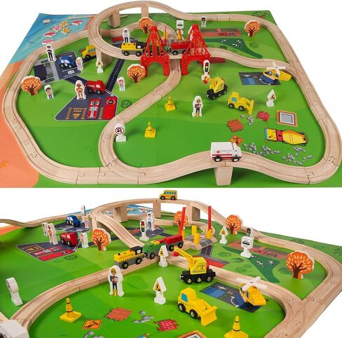 100 PCS مجموعة مسار قطار خشبية ، ألعاب Toys Train Railway مركبات السكك الحديدية لمدة 3-10 سنوات من الأطفال الأولاد والبنات ، تلائم مع Thomas و Brio و Ikea و Melissa و Doug in Kuwait