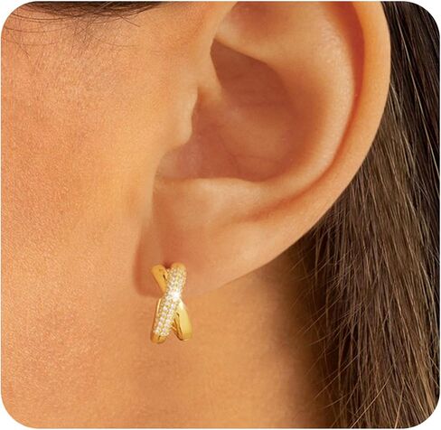 أقراط Gold Hoop للنساء ، 14 ألفًا مطلي بالذهب Zirconia huggie حلق صغير طوق ، والنساء هدية سميكة الأطواق المفتوحة الخفيفة الوزن in Kuwait