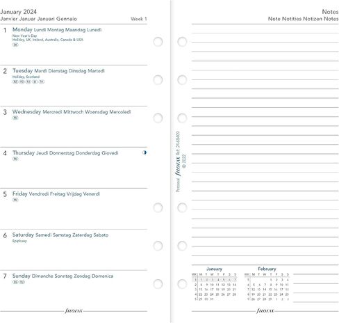 تعبئة مذكرات تقويم Filofax ، الحجم الشخصي/المدمج ، الأسبوع على صفحة واحدة مع ملاحظات ، ورقة بيضاء ، متعددة اللغات: خمس لغات ، 2025 (C68409-25) in Saudi Arabia