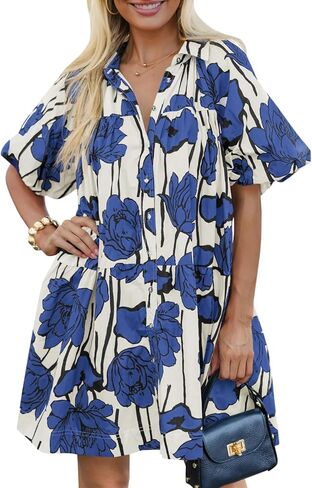 Kedera Women's Summer Button Down Shirt Dress Floral Puff Short Sleeve Casual Loose Fit Beach Mini Dresses in Kuwait
