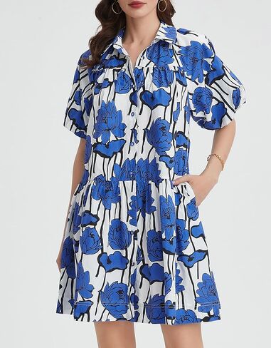 Kedera Women's Summer Button Down Shirt Dress Floral Puff Short Sleeve Casual Loose Fit Beach Mini Dresses in Kuwait