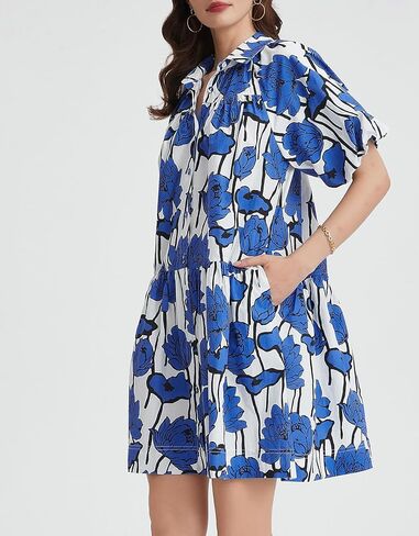 Kedera Women's Summer Button Down Shirt Dress Floral Puff Short Sleeve Casual Loose Fit Beach Mini Dresses in Kuwait