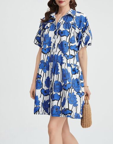 Kedera Women's Summer Button Down Shirt Dress Floral Puff Short Sleeve Casual Loose Fit Beach Mini Dresses in Kuwait