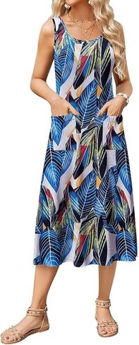 Zeagoo Women's Summer Sleeveless Dress Floral Beach Sundress Casual Crewneck High Waist A-Line Midi Tank Dresses with Pockets in Saudi Arabia
