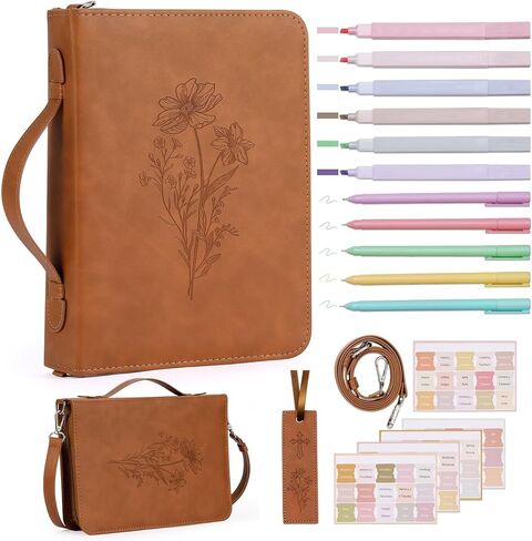 19PCS Floral Bible Cover for Women PU Leather Bible Cases Bible Journaling Kit for Girls Bible Bag with Shoulder Strap &Book Marker 10.47 * 7.48 * 2.17in Highlighter Pens Christian Gift Brown in Saudi Arabia