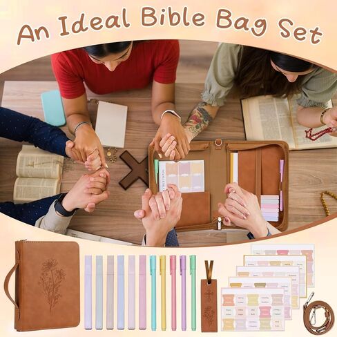 19PCS Floral Bible Cover for Women PU Leather Bible Cases Bible Journaling Kit for Girls Bible Bag with Shoulder Strap &Book Marker 10.47 * 7.48 * 2.17in Highlighter Pens Christian Gift Brown in Saudi Arabia