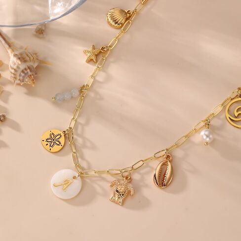 Gold Initial Charm Necklace for Women Dainty Boho Shell Starfish Necklace Personalized Letter A-Z Pendant Necklaces Summer Beach Surfer Jewelry Gifts in Saudi Arabia
