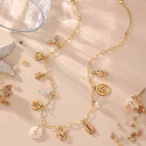 Gold Initial Charm Necklace for Women Dainty Boho Shell Starfish Necklace Personalized Letter A-Z Pendant Necklaces Summer Beach Surfer Jewelry Gifts in Saudi Arabia