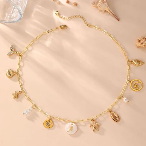 Gold Initial Charm Necklace for Women Dainty Boho Shell Starfish Necklace Personalized Letter A-Z Pendant Necklaces Summer Beach Surfer Jewelry Gifts in Saudi Arabia