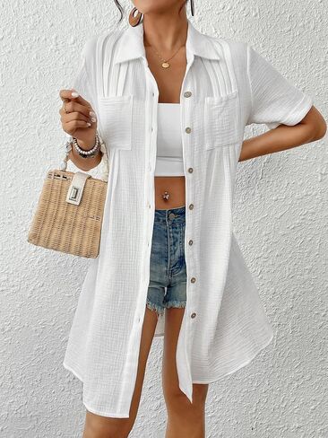Bsubseach Swimsuit Cover Up for Women Short Sleeve Button Down Blouse Bathing Suit Cover Ups Cotton Beach Shirt Dress in Kuwait