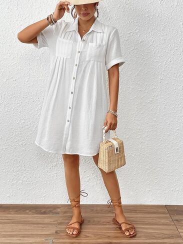Bsubseach Swimsuit Cover Up for Women Short Sleeve Button Down Blouse Bathing Suit Cover Ups Cotton Beach Shirt Dress in Kuwait