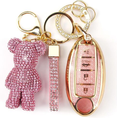 غطاء مفتاح لطيف مع سحر Bear Bear Rhinestone ، Bling TPU Smart Key Case for Women ، متوافق مع نيسان Altima Murano Juke Sentra Rogue Pathfinder Titan Maxima (4-Butro ، Black) in Saudi Arabia