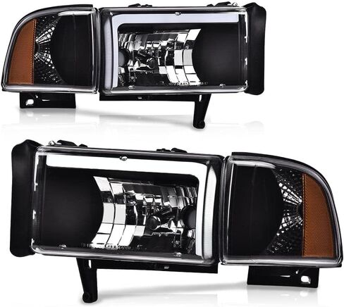 Cheda Headlight ، متوافق مع 1994 1995 1996 1997 1998 1999 2000 2001 2002 Dodge Ram 1500 2500 3500 Black Housing Corner Corner Lamps （عدسة واضحة Clear） in Saudi Arabia