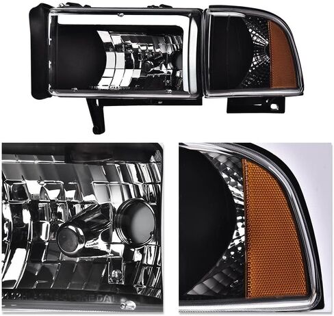 Cheda Headlight ، متوافق مع 1994 1995 1996 1997 1998 1999 2000 2001 2002 Dodge Ram 1500 2500 3500 Black Housing Corner Corner Lamps （عدسة واضحة Clear） in Saudi Arabia