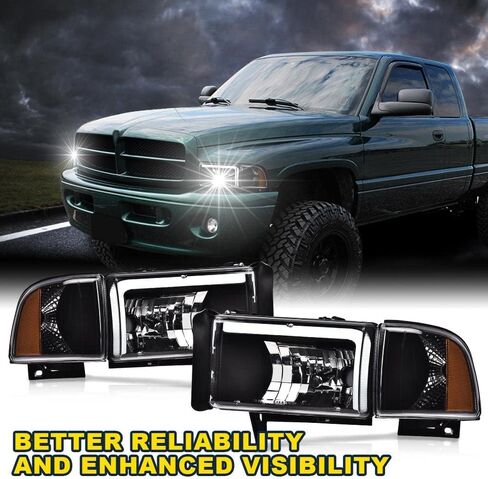 Cheda Headlight ، متوافق مع 1994 1995 1996 1997 1998 1999 2000 2001 2002 Dodge Ram 1500 2500 3500 Black Housing Corner Corner Lamps （عدسة واضحة Clear） in Saudi Arabia
