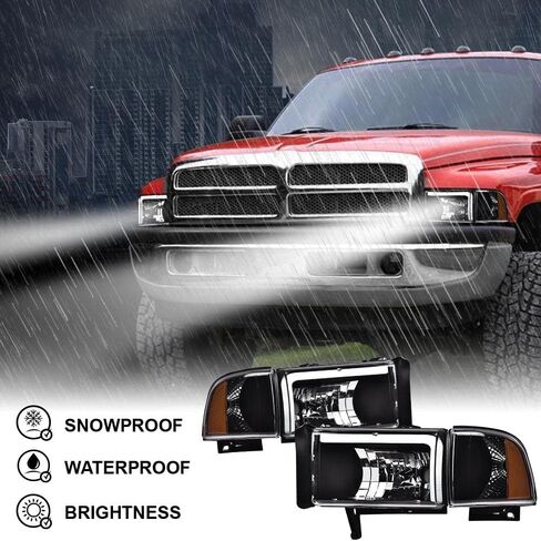 Cheda Headlight ، متوافق مع 1994 1995 1996 1997 1998 1999 2000 2001 2002 Dodge Ram 1500 2500 3500 Black Housing Corner Corner Lamps （عدسة واضحة Clear） in Saudi Arabia