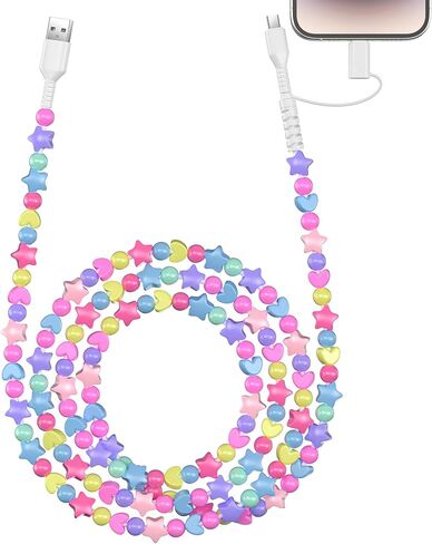 Vofuoe USB C Cable for iPhone Charging Cord 2 في 1 Cable Multi Charging Cable USB A to USB C للاتصال بالهاتف Beads Cable Star Beads 3.3ft Girls for iPhone 16 Pro Max لـ iPad 10th gen-colorful in Kuwait