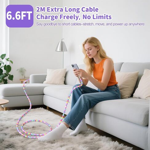 Vofuoe USB C Cable for iPhone Charging Cord 2 في 1 Cable Multi Charging Cable USB A to USB C للاتصال بالهاتف Beads Cable Star Beads 3.3ft Girls for iPhone 16 Pro Max لـ iPad 10th gen-colorful in Kuwait
