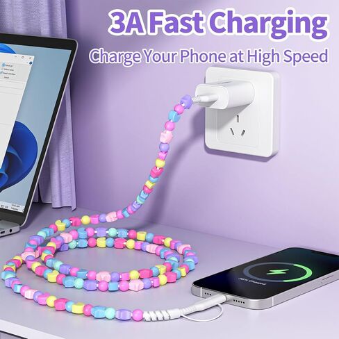Vofuoe USB C Cable for iPhone Charging Cord 2 في 1 Cable Multi Charging Cable USB A to USB C للاتصال بالهاتف Beads Cable Star Beads 3.3ft Girls for iPhone 16 Pro Max لـ iPad 10th gen-colorful in Kuwait