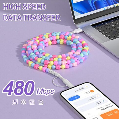 Vofuoe USB C Cable for iPhone Charging Cord 2 في 1 Cable Multi Charging Cable USB A to USB C للاتصال بالهاتف Beads Cable Star Beads 3.3ft Girls for iPhone 16 Pro Max لـ iPad 10th gen-colorful in Kuwait
